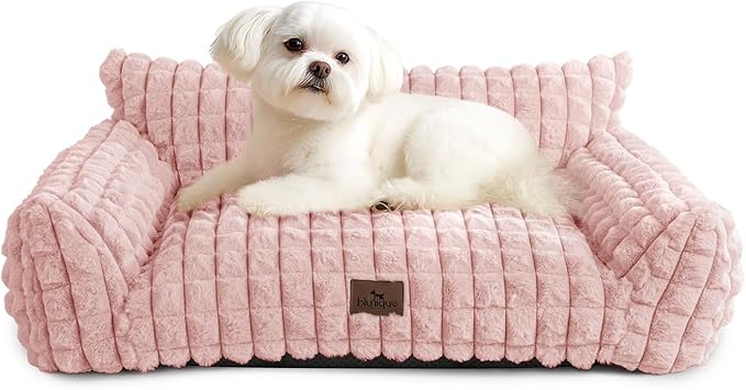 Cute Small Dog Couch Bed – Supportive & Fluffy Pet Sofa with Faux Rabbit Fur Washable Cover in 3D Diamond Pattern, 30" Pink