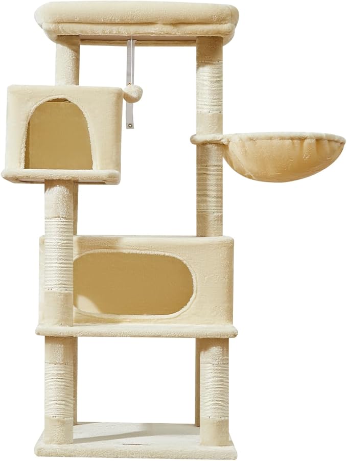Taoqimiao Cat Tree,49-Inch Cat Tower for Indoor Cats,2 Luxurious cat condo with Adjustable Large Hanging Baskets and Large Luxurious Perch Beige MS029LM