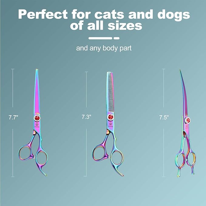 GLADOG 7 Inch Professional Dog Grooming Scissors Kit, 5-in-1 Titanium Coated Pet Grooming Shears Set, Heavy Duty Grooming Scissors for Dogs (Pro Rainbow)