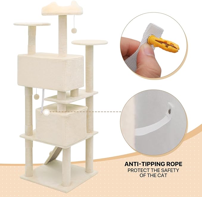 MoNiBloom 70 Inch Cat Tree Tower for Indoor Cats Large Adults, Tall Cat Tower with Scratching Post, Multi-Level Furniture Activity Center with Cat Condo Pet Play House, Beige