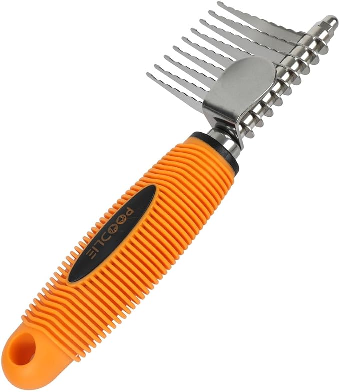 Poodle Dematting Fur Rake Comb Brush for Dogs and Cats - Long 2.5" Steel Safety Blades Metal Comb for Detangling Matted or Knotted Undercoat Hair (Orange)