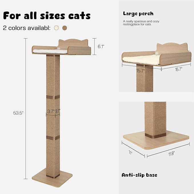 Cat Window Perch with Thick Sisal Scratching Post, Cat Hammock for Window, 53.5" Adjustable Tall Cats Scratching Post with 2 Upgrade Suction Cups, Cats Window Bed with Fluffy Cushion, Jute