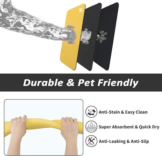 Pet Feeding Mat - Absorbent Dog Mat for Food and Water, No Stains Cat Bowl Mat, Easy to Clean Pet Placemats, Quick Dry Dog Water Dispenser Mat for Messy Drinkers | Paw Yellow 16"x 24"
