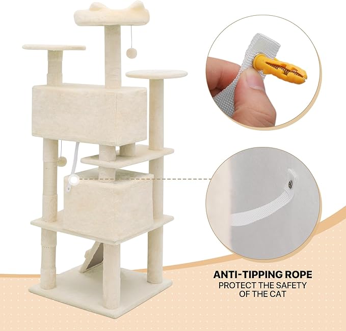 MoNiBloom 54 Inch Cat Tree Tower for Indoor Cats Large Adults, Cat Tower with Scratching Post, Multi-Level Furniture Activity Center with Cat Condo Pet Play House, Beige