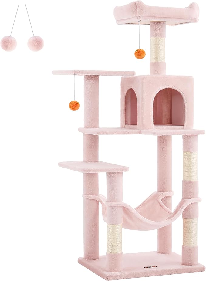 Feandrea Cat Tree, 56.3-Inch Cat Tower for Indoor Cats, Multi-Level Cat Condo with 4 Scratching Posts, 2 Perches, Hammock, Cave, Jelly Pink UPCT161P01
