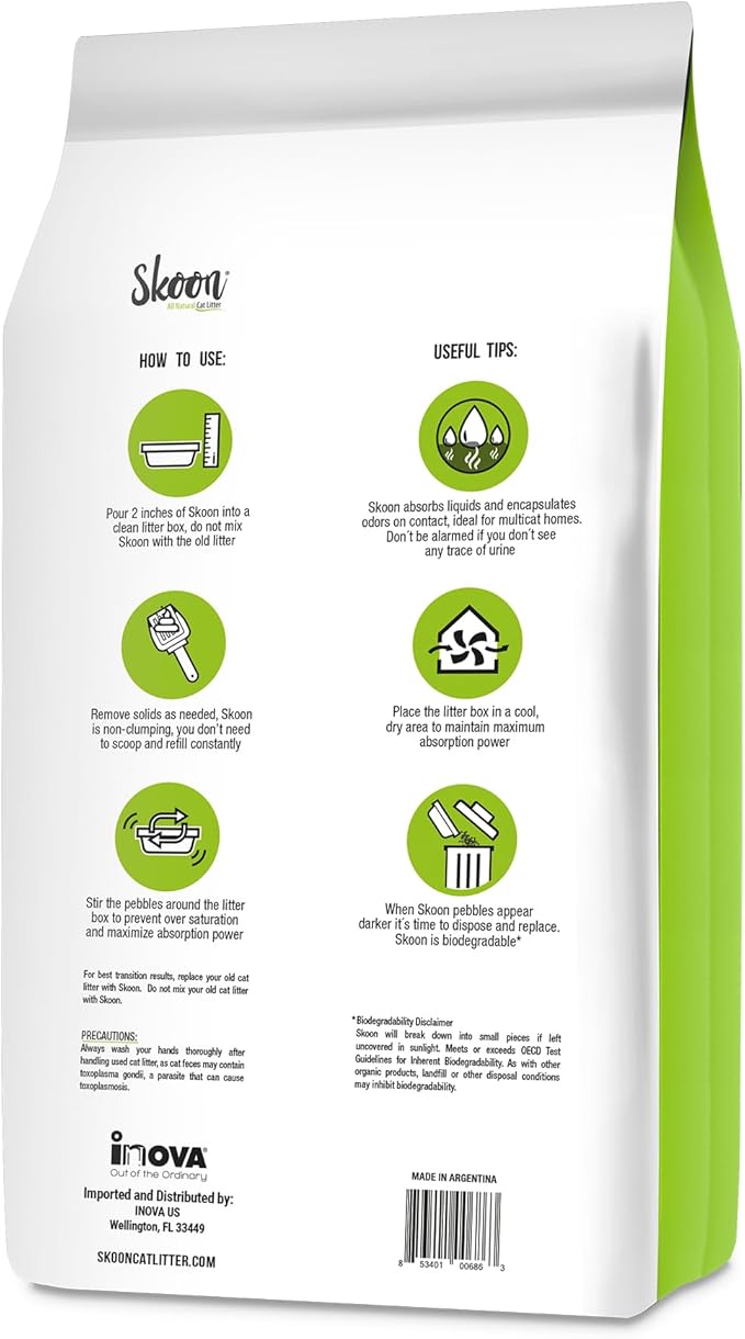 Skoon All Natural Cat Litter (2 Bags) - Fine Grain - Lightweight, Low Tracking, Non-Clumping Diatom Pebbles Absorb, Lock, and Seal Waste for Best Odor Control - Self-Cleaning Box Compatible