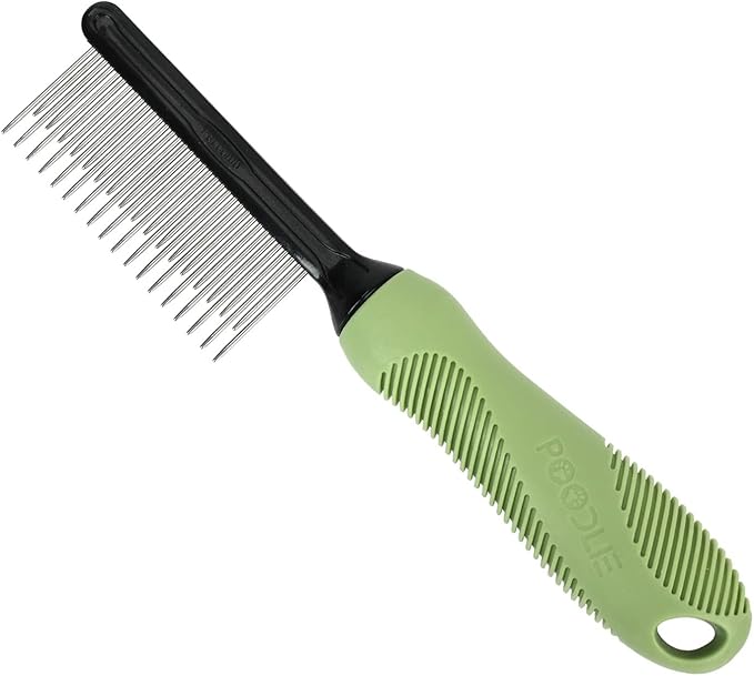 Poodle Grooming Comb - Metal Dematting Comb with Long & Short Stainless Steel Teeth for Removing Matted Hair & Knots, Safe and Gentle for Dogs & Cats (Green)