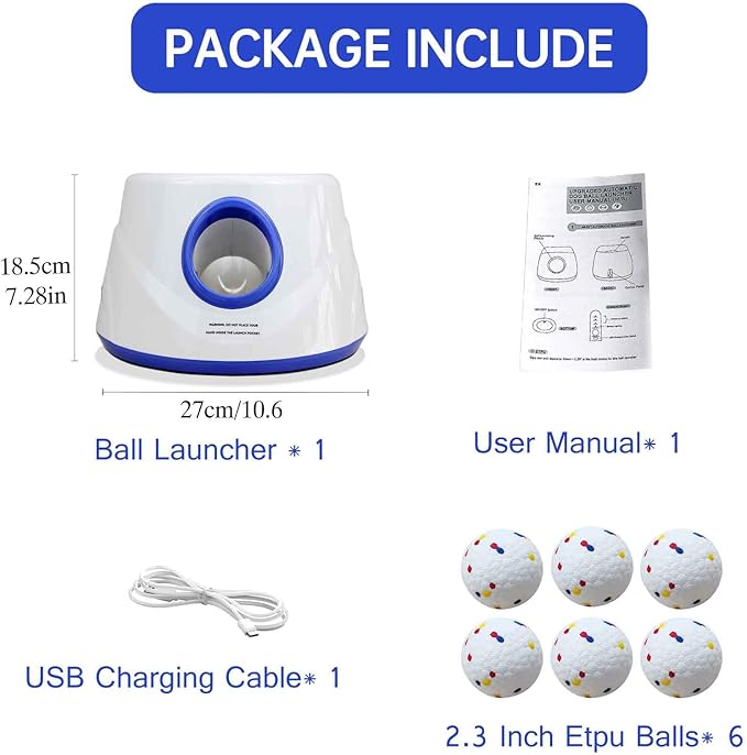 Automatic Dog Ball Launcher, Dog Ball Throw Launcher, 3 Adjustable Distance 20-45FT, with 6 2.3-inch ETPU Balls, for Small/Medium Dogs, Indoor and Outdoor Interactive Toys