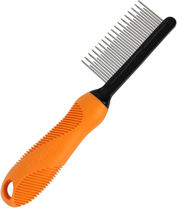 Poodle Grooming Comb - Metal Dematting Comb with Long & Short Stainless Steel Teeth for Removing Matted Hair & Knots, Safe and Gentle for Dogs & Cats (Orange)