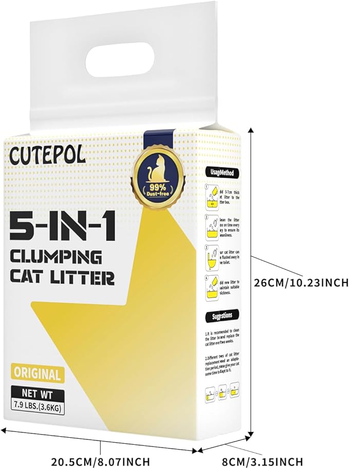 Mixed 5-in-1 Clumping Cat Litter 31.6 lb, Odor Control and Rapid Clumping, Water Absorbent and Flushable, Dust-Free, Multi-Cat, Bentonite Tofu Cat Litter, Original, 7.9lb/Bag