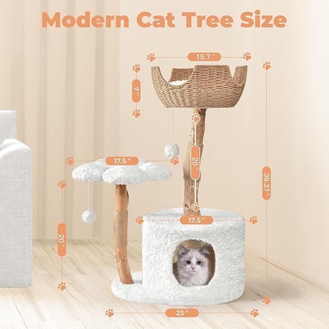 Easyego Modern Cat Tree, Aesthetic Wood Cat Tree Tower for Large Cats, Luxury Cat Condo with Scratching Posts and Flower Platforms, Cat Furniture by Easyego, (Rabbit Hair - White)