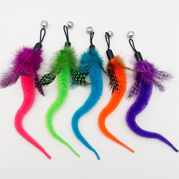Cat Wand Replacement Feather Worm, 12 Pieces Cat Wand Attachments Assorted Worms Feathers Refill Toy for Indoor Cats