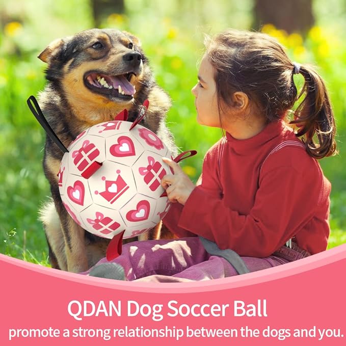 QDAN Pink Dog Toys Soccer Ball with Straps, Interactive Tug of War Toy, Puppy Birthday Gifts, Water Toy, Durable Dog Balls for Medium Large, Valentines Gift (8 Inch)