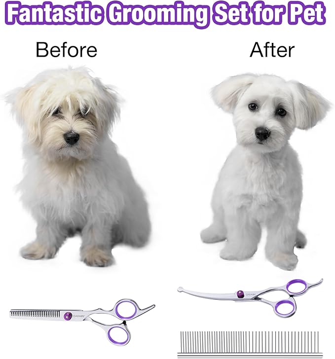 Professional Dog Grooming Scissors with Safety Round Tips, 3 in 1 Dog Grooming Scissors Kit, 4CR Stainless Steel Pet Grooming Shears, Sharp and Sturdy, Purple