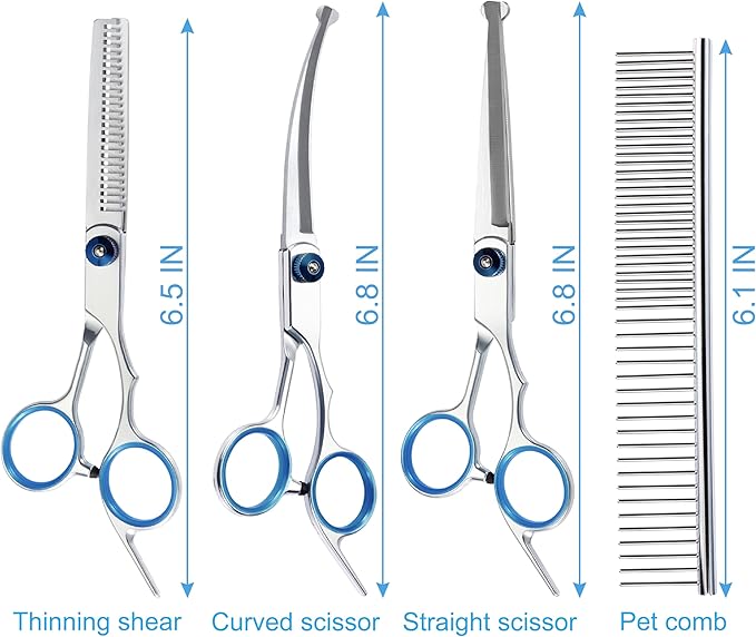 5 in 1 Premium Dog Grooming Scissors, Professional Dog Scissors for Grooming with Safety Round Tips, Lengnoyp Stainless Steel Thinning Shears, Pet Cat Shears for Grooming Kit