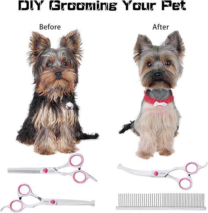 Dog Grooming Scissors With Safety Round Tips 5 in 1 - 4CR Stainless Steel Professional Pet Shears for Dogs and Cats, Pink