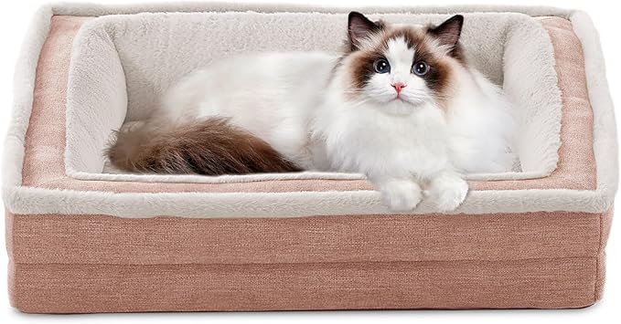 Cat Couch for Pets, Washable Cat Beds for Indoor Cats, Super Soft Plush Supportive Dog Couch Bed for Puppy and Kitten with Anti-Slip Bottom, 24inch, Pink