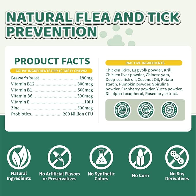 Flea and Tick Prevention for Cats Chews, 500 Crunchy & Creamy Flea Chews, Cat Flea Chewables with Probiotics - Skin & Coat Support - Fleas & Tick Supplement for Cats Kittens - Natural Chicken Flavor