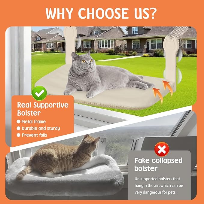 2 Pack Cat Window Perch,Cat Window Hammock Cordless Foldable Window Bed with 4 Large Strong Suction Cup,Reversible Cushion Cover,Metal Frame Easy to Adjust Window Seat Holds up to 40lbs(Beige,M)