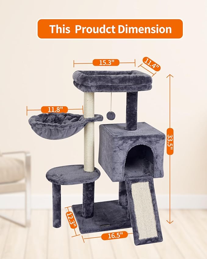 FISH&NAP Cute Cat Tree Kitten Cat Tower for Indoor Cat Condo Sisal Scratching Posts with Jump Platform Cat Furniture Activity Center Play House SmokyGrey