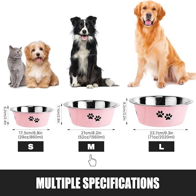 Stainless Steel Dog Bowls, Nonslip Rubber Bottom No Spill Proof Skid Metal Insulated Dog Bowls for Large Medium Small Breed Dogs (Pink, 6.6 Cups/53 OZ)