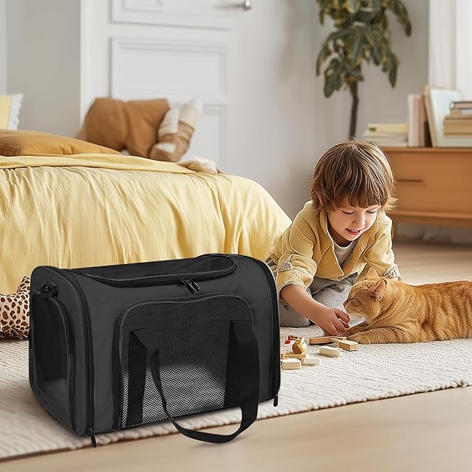 Cat Carrier Soft for Pets Up to 25 Lbs, Cat Travel Bag Soft-Sided with Padded Shoulder Strap, Pet Dog Carriers for Small Dogs Travel Puppy Carry Airline Approved, Black
