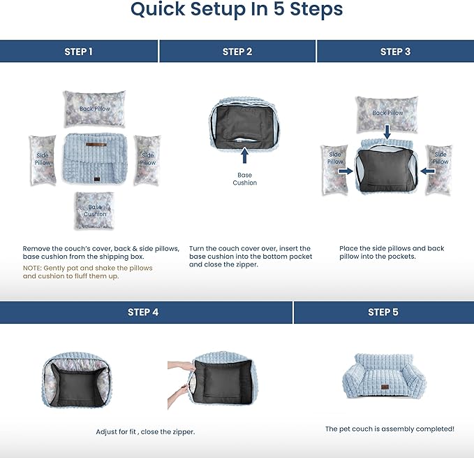 Cute Small & Medium Dog Couch Bed – Supportive & Fluffy Pet Sofa with Faux Rabbit Fur Washable Cover in 3D Diamond Pattern, 36" Light Blue