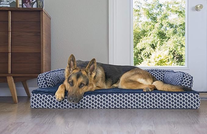 Furhaven Orthopedic Dog Bed for Large Dogs w/ Removable Bolsters & Washable Cover, For Dogs Up to 95 lbs - Plush & Woven Decor Comfy Couch Sofa - Diamond Blue, Jumbo/XL