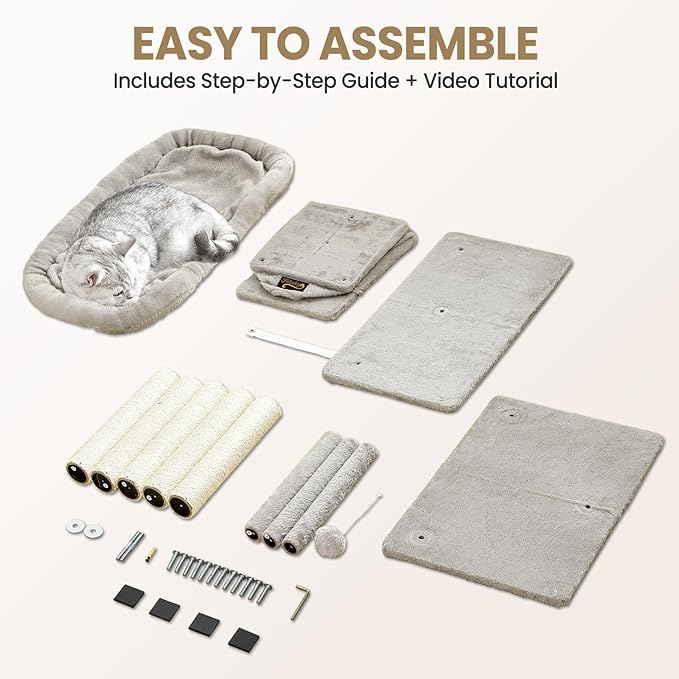 Cat Tree Tower Scratching Post for Indoor Large Cats, Small Cat Tree with Big Perch Bed, 28in Tall Trees House with Condo Cave, Toy Balls, Modern Climbing Furniture Platform for Kitten (Light Gray)