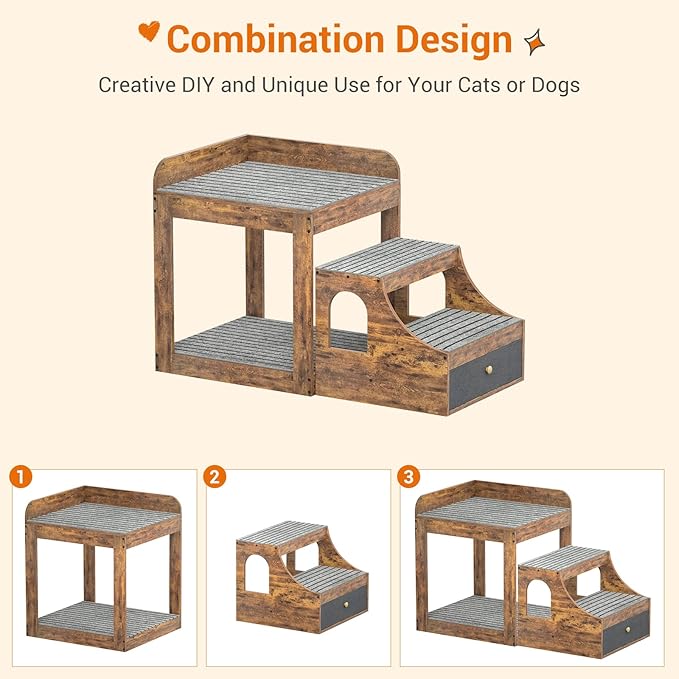 Cyclysio Super Large Multi-Level Pet Bunk Bed with Stairs, Rustic Platform Seat for Cats, Home Indoor Use, Large Size, Includes Mats and Drawers