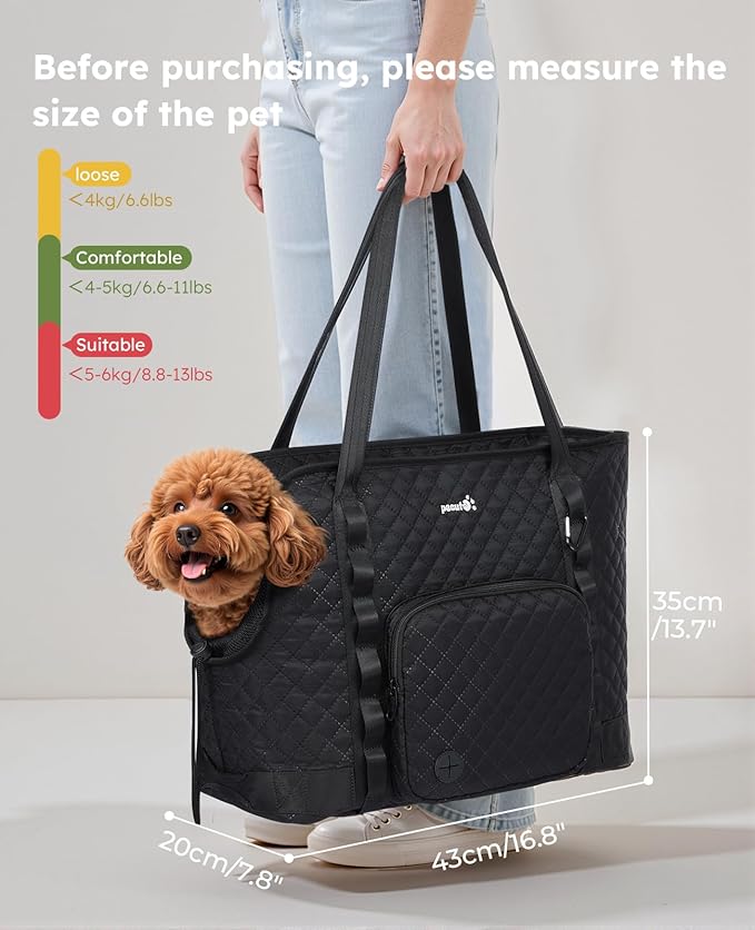 Pecute Dog Purse Carrier, Dog Carrier with Pockets for Small Dogs, Fits Dogs 7 lbs to 13 lbs, Cat and Puppies Tote Bag, Outing, Travel, Vet, XL,16.9" L x 7.9" W x 13.8" H, Black