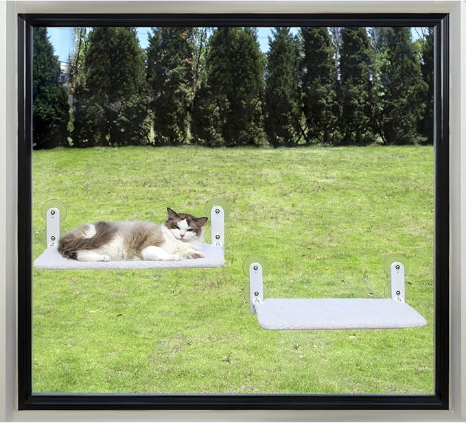 Zakkart Easy Fold Cat Window Perch - Cordless, Fold-Up, Zip Closure Embeded Machine Washable Bed Cover, Robust Metal Frame - Cat Hammock for Window for Large Cats and Kittens (White, Large)