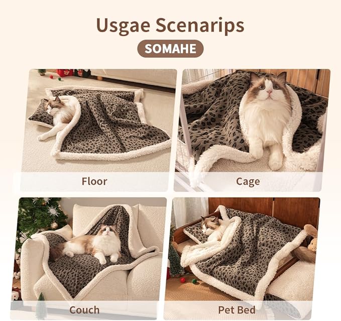 Cat Blankets for Indoor Cats Super Soft Plush Faux Fur Kitten Blankets Machine Washable Reversible Pet Throw Protector for Couch Furniture Leopard Print Blanket 28"X 22" in Brown