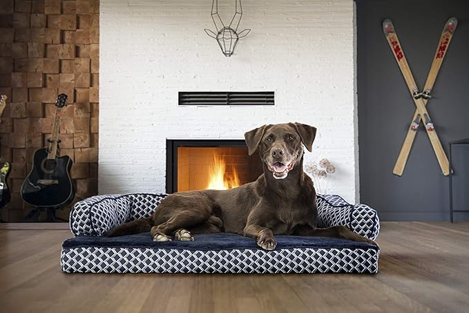 Furhaven Orthopedic Dog Bed for Large/Medium Dogs w/ Removable Bolsters & Washable Cover, For Dogs Up to 55 lbs - Plush & Woven Decor Comfy Couch Sofa - Diamond Blue, Large