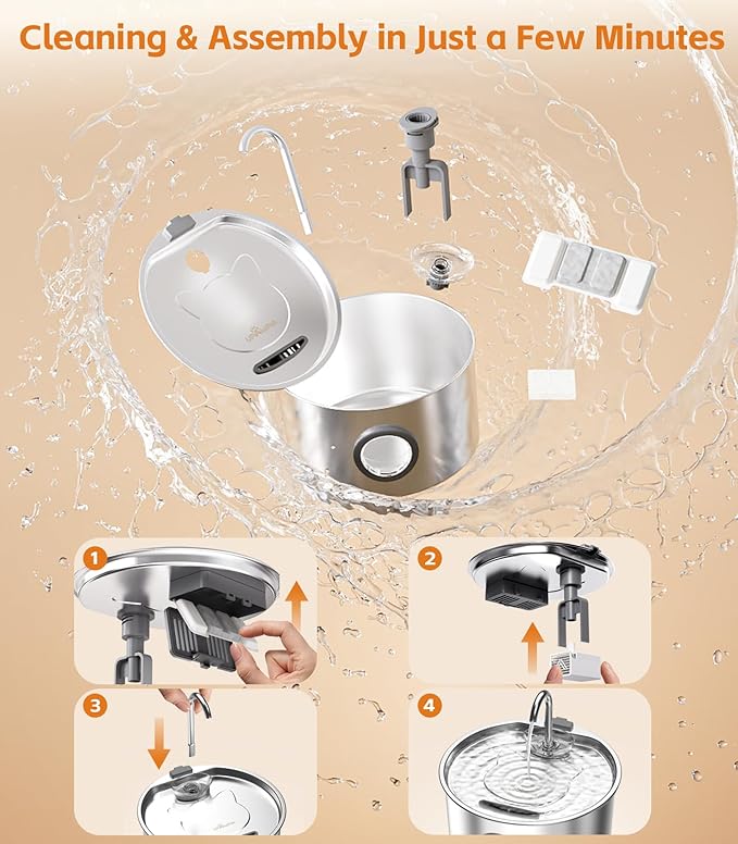 108oz/3.2L Stainless Steel Cat Water Fountain with Detachable Tank, Easy to Clean & Assemble, Pet Drinking Dispenser with Quiet Operation & LED Light, Gifts for Cats, Dogs and Small Pets