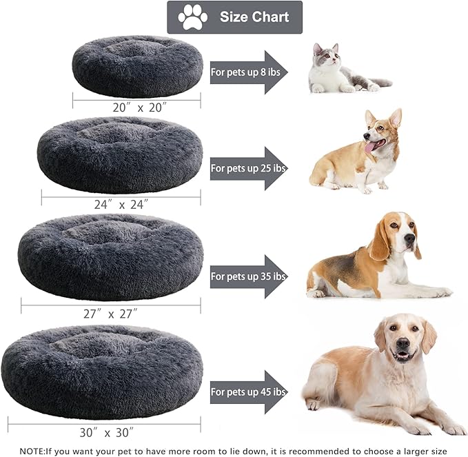 WNPETHOME Calming Dog & Cat Bed, Anti-Anxiety Donut Bed, Fluffy Faux Fur Cushion for Small Dogs and Cats (24 x 24 x 8 Inch, Navy Grey)