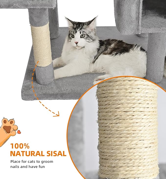 Made4Pets Tall Cat Tree, 71 Inches Cat Tree Tower for Indoor Cats Large Adult, Plush Multi-Level Cat Tower with 5 Scratching Posts, 2 Hammock, Condo and Perch, Big Cat House Indoor, Grey