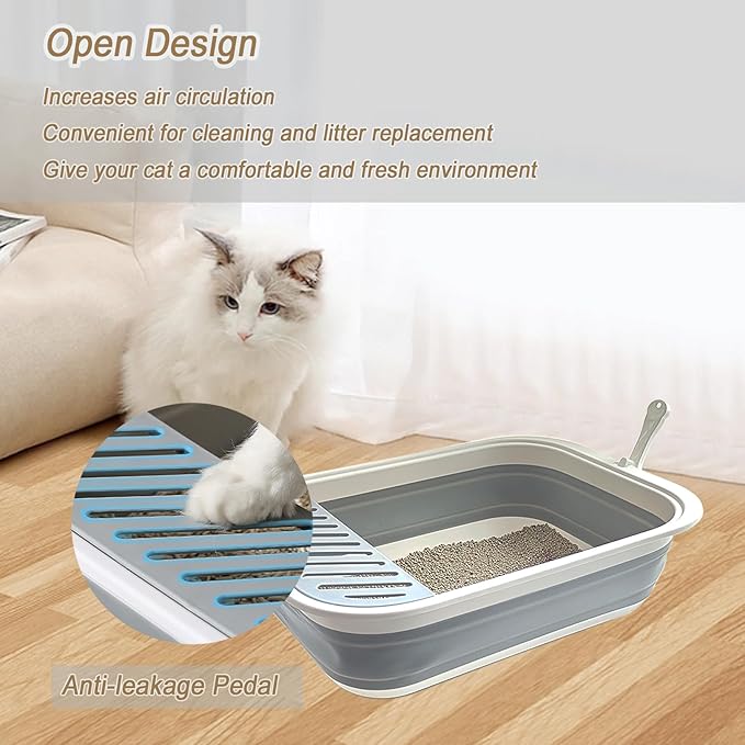 Senior Cat Litter Boxes, Collapsible Open Low Entry Cat Litter Pan with Scoop Travel Kitten Potty Pan Foldable Pet Toilet for Sick Disabled Older Elderly Cats Pink 20.9x15.7x5.7 inch
