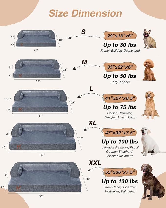 KSIIA Washable Dog Bed XL Senior Dog, Orthopedic Warm Soft Pet Sofa Waterproof Pet Couch with Sides, Non-Slip and Egg-Crate Foam Extra Large Beds with Removable Cover, 41x27Inch, Dark Grey