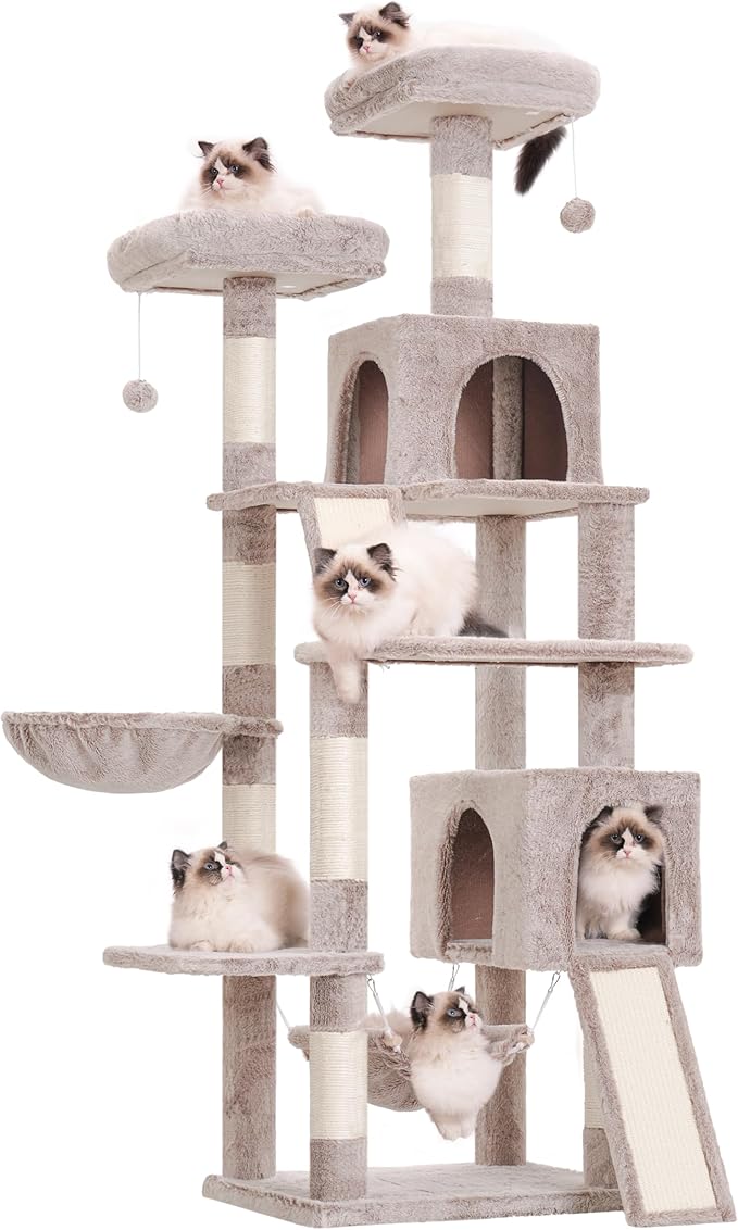 Cat Tree for Indoor Cats, 71'' (180cm) Multi-Level Cat Tower for Large Adult, Sturdy Cat Tree House with 2 Scratching Boards 7 Posts, 2 Plush Perches/Condos, Hammock, Muchroom GCT032MU