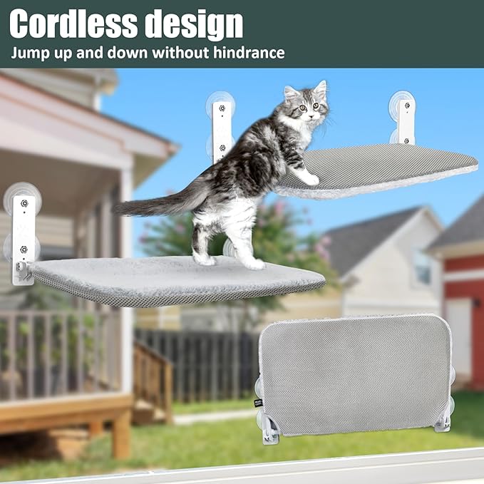 Sunhoo Cat Window Hammock Perch Cordless Perches Window Sill Seat Bed Foldable Stable Lounger Upgraded Suction Cup Easy Assembly Indoor Cats Kitty Shelf Hold Up to 55lbs (Light Gray, S)