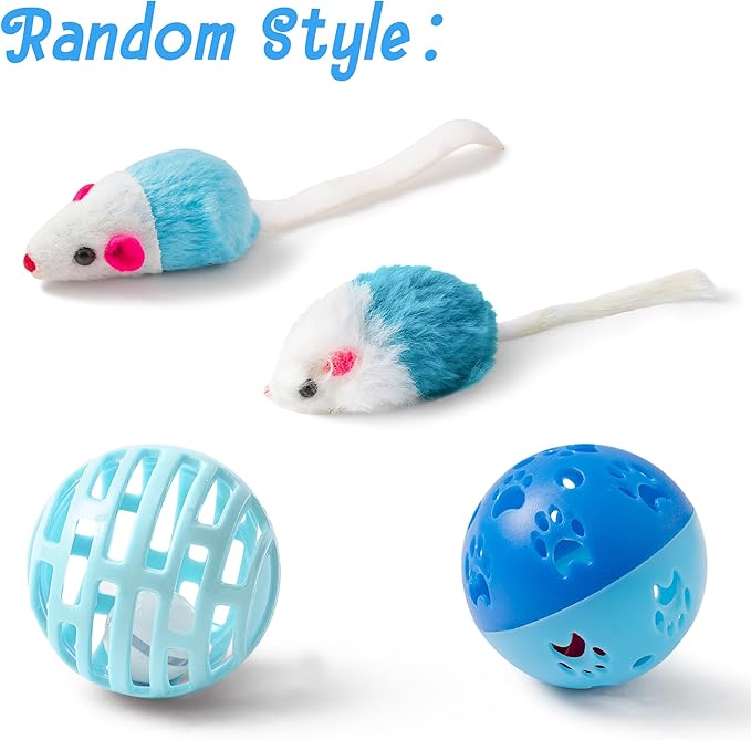 MALLMALL6 11Pc Cat Toy Set - Interactive Pack with Foldable Tunnel, Feather Teaser Wand, Springs, Mice, Crinkle Balls & Pet Bell Balls - Puzzle Toys for Indoor Cats - Gift (Blue)