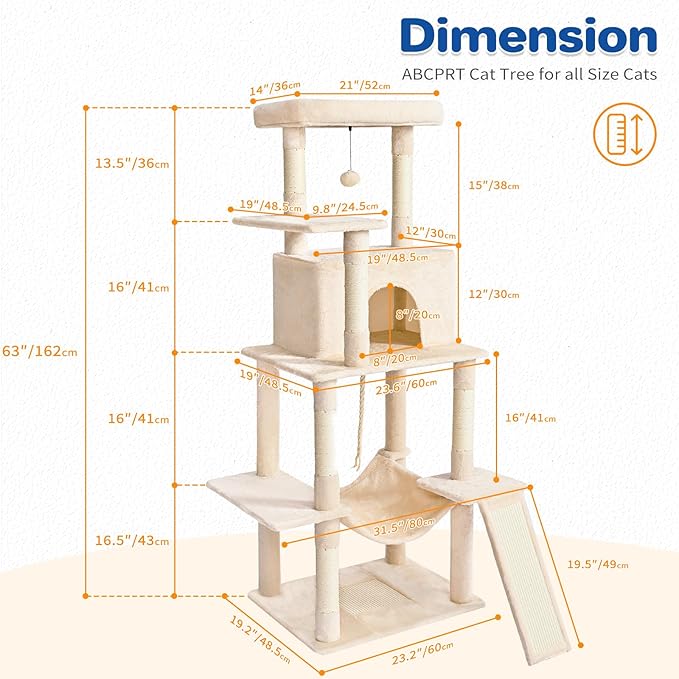 ABCPET Cat Tree Tower 63in Multi-Level Cat Tower for Indoor Cats with Sisal Scratching Posts, Condo, Hammock, Dangling Ball and Extended Platform for Cats to Play, Beige
