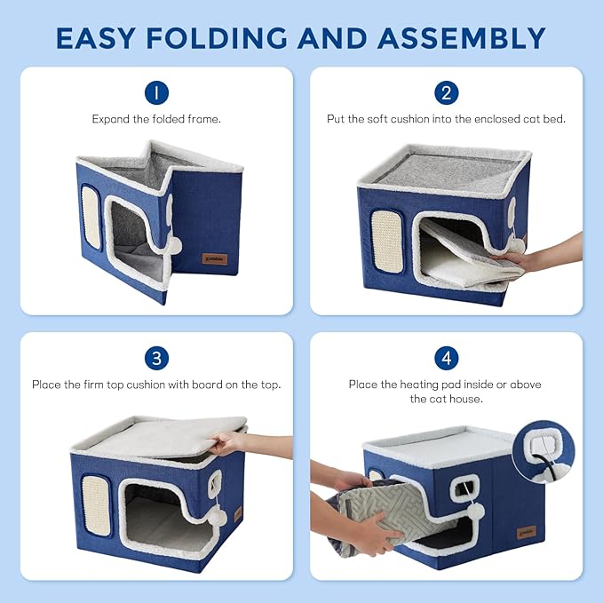 ZOMISIA Heated Cat House for Indoor Cats - Cat Warming Bed for Winter with Fluffy Ball Hanging and Adjustable Heating Pad, Foldable Cat Hideaway,16.5x16.5x13 inches, Navy Blue