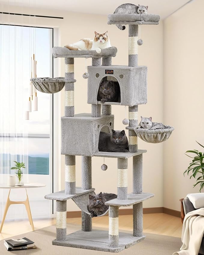 Large Cat Tree Tower for Indoor Cats Adult, 74.8 Inch Tall Multi-Level Kitty Condo with Scratching Posts, Perch, Hammock, Plush Bed for Big Cats, Modern Cat Furniture Heavy Duty (Light Grey)