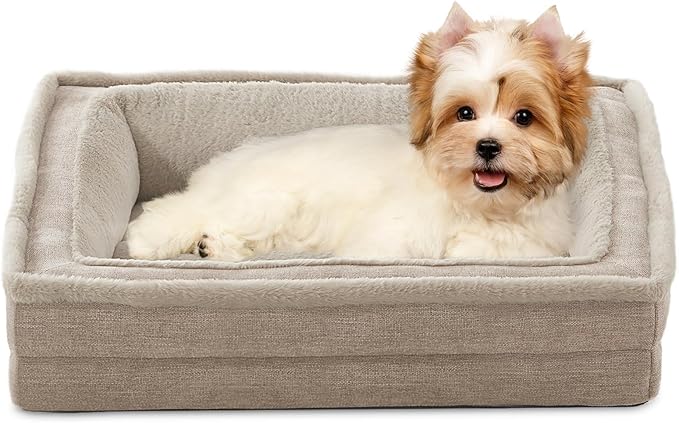 Cat Couch for Pets, Washable Cat Beds for Indoor Cats, Super Soft Plush Supportive Dog Couch Bed for Puppy and Kitten with Anti-Slip Bottom, 26inch, Beige
