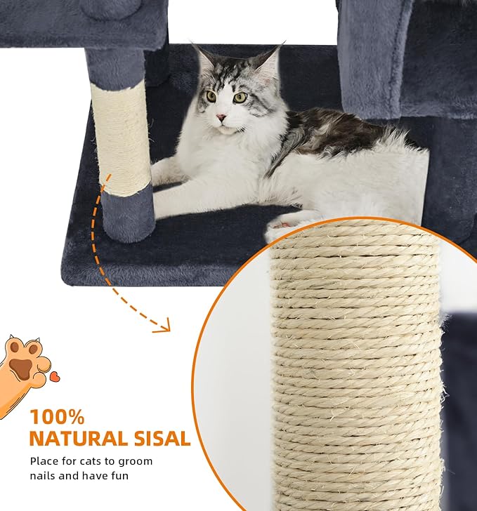 Made4Pets Tall Cat Tree, 71 Inches Cat Tree Tower for Indoor Cats Large Adult, Plush Multi-Level Cat Tower with 5 Scratching Posts, 2 Hammock, Condo and Perch, Big Cat House Indoor, Dark Grey