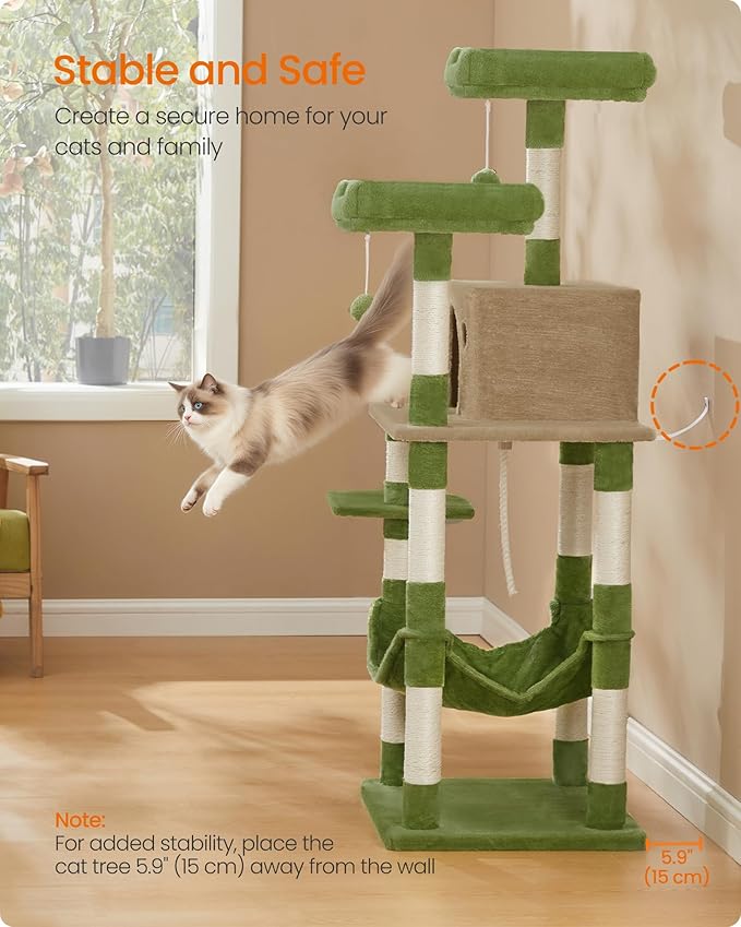 Feandrea Cat Tree, 56.3-Inch Cat Tower for Indoor Cats, Multi-Level Cat Condo with 11 Scratching Posts, 2 Perches, Cave, Hammock, Grass Green and Camel Brown UPCT015CB02