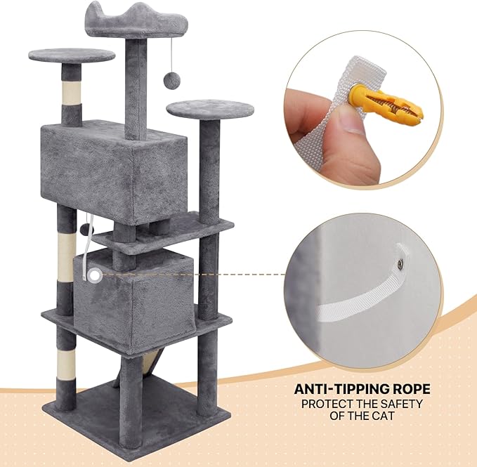 MoNiBloom 60 Inch Cat Tree Tower for Indoor Cats Large Adults, Cat Tower with Scratching Post, Multi-Level Furniture Activity Center with Cat Condo Pet Play House, Smoky Grey