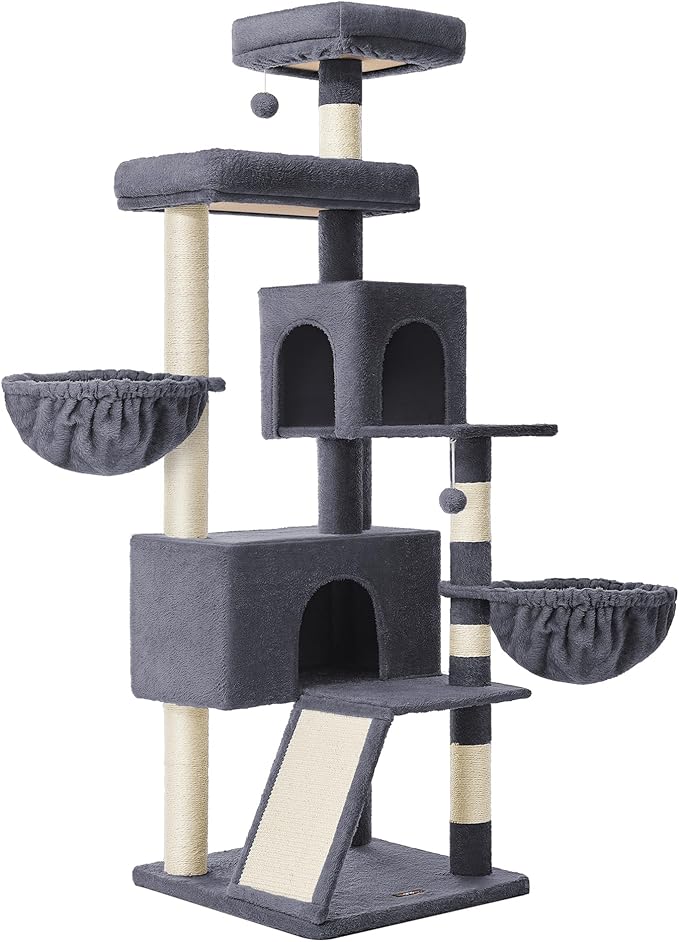 Feandrea Large Cat Tree Tower, 68.5-Inch Tall Cat Condo with Large Perch, Scratching Posts, Double Caves, Dark Gray UPCT006G02